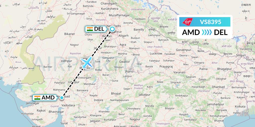 VS8395 Virgin Atlantic Airways Flight Map: Ahmedabad to Delhi