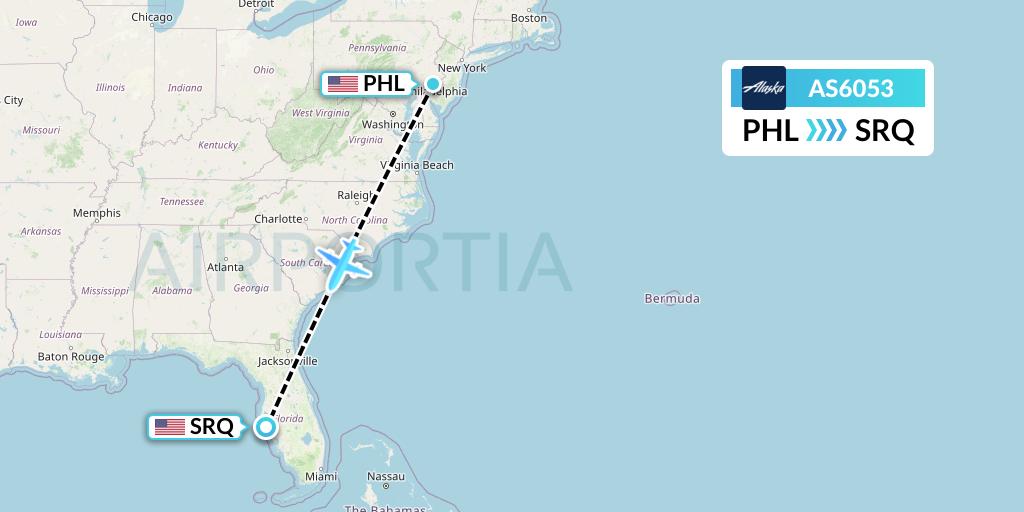 AS6053 Alaska Airlines Flight Map: Philadelphia to Sarasota
