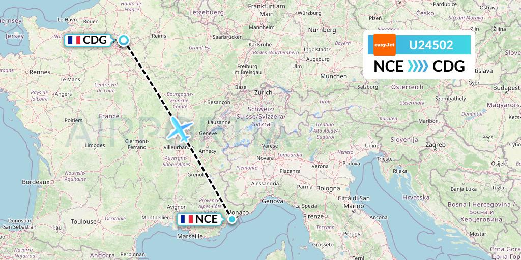 U24502 EasyJet Flight Map: Nice to Paris