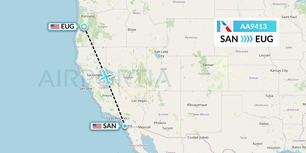 AA9413 American Airlines Flight Map: San Diego to Eugene