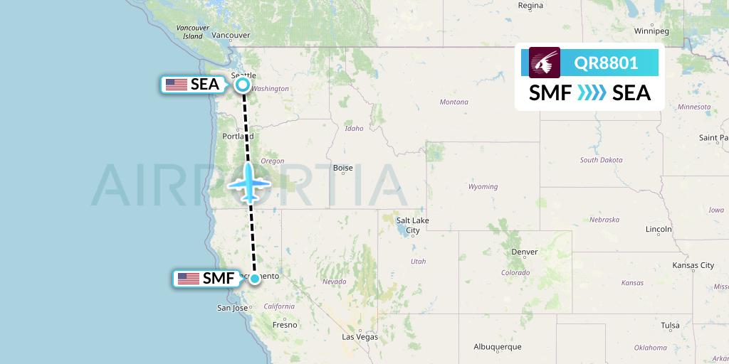 QR8801 Qatar Airways Flight Map: Sacramento to Seattle