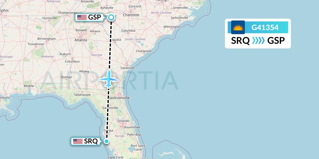 G41354 Allegiant Air Flight Map: Sarasota to Greenville-Spartanburg