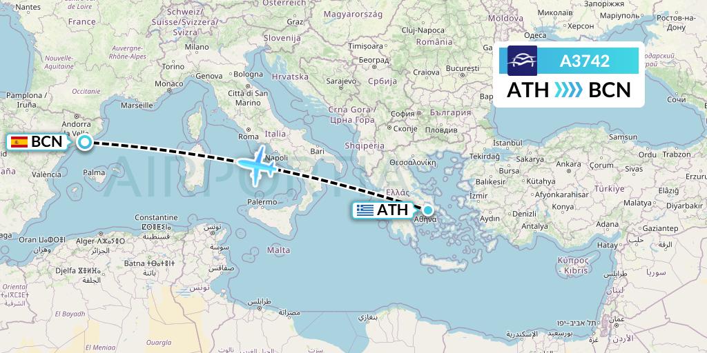 A3742 Aegean Airlines Flight Map: Athens to Barcelona