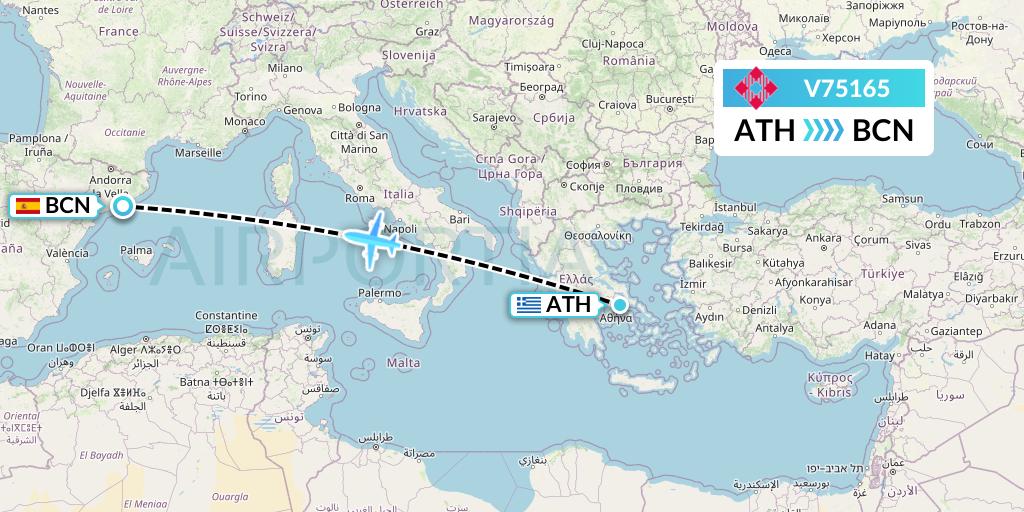 V75165 Volotea Flight Map: Athens to Barcelona