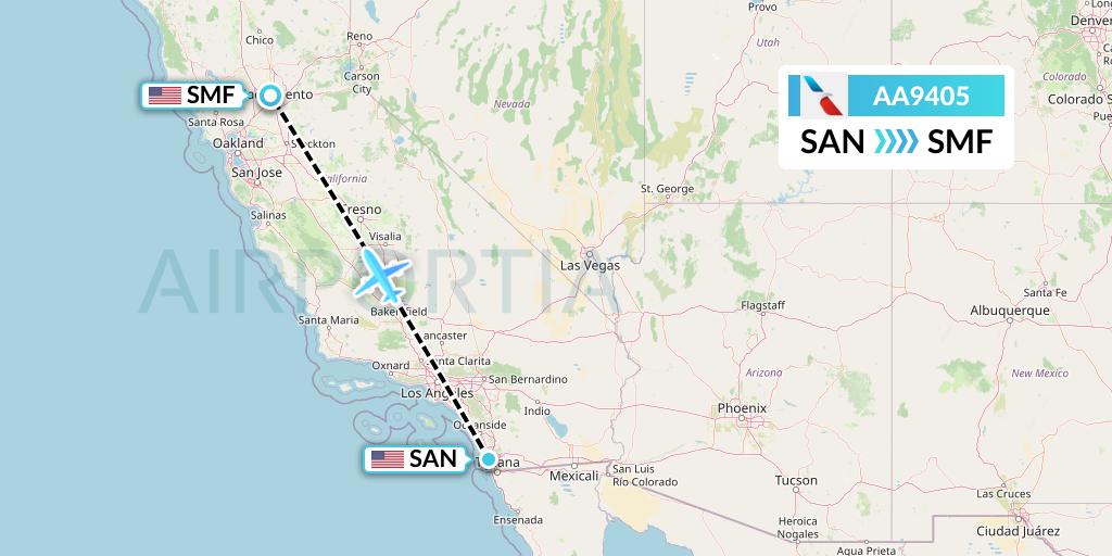 AA9405 American Airlines Flight Map: San Diego to Sacramento