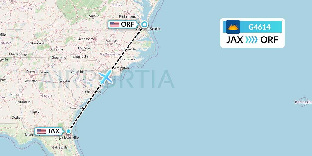 G4614 Allegiant Air Flight Map: Jacksonville to Norfolk