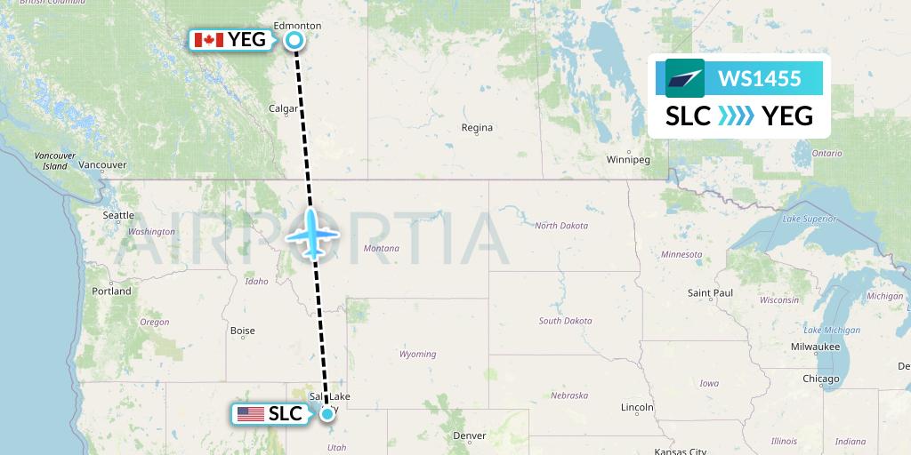 WS1455 WestJet Flight Map: Salt Lake City to Edmonton
