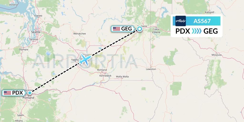 AS567 Alaska Airlines Flight Map: Portland to Spokane
