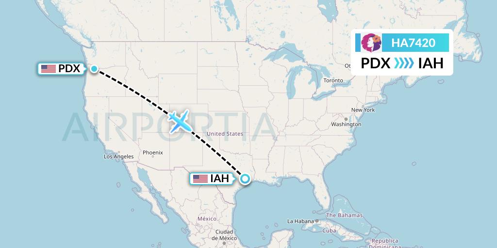 HA7420 Hawaiian Airlines Flight Map: Portland to Houston