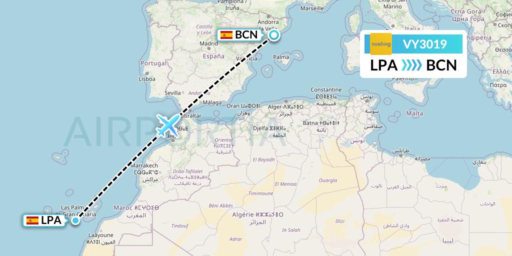 VY3019 Vueling Flight Map: Las Palmas to Barcelona