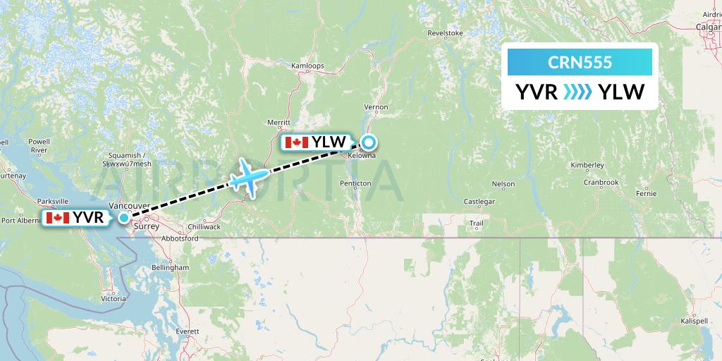 CRN555 Aerocaribbean Flight Map: Vancouver to Kelowna