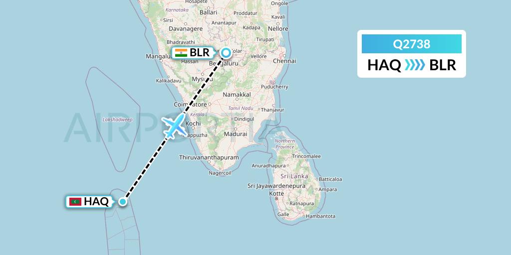 Q2738 Maldivian Flight Map: Hanimaadhoo Island to Bangalore