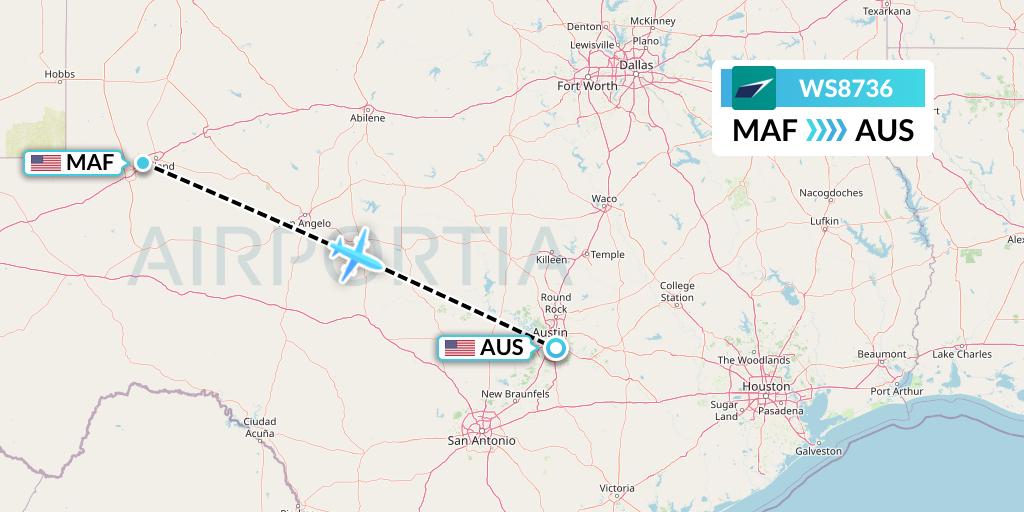 WS8736 WestJet Flight Map: Midland to Austin
