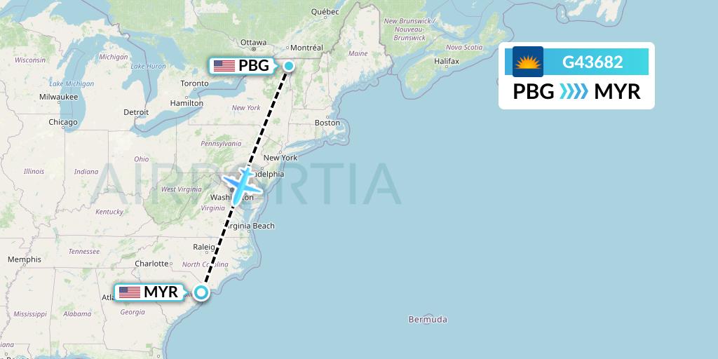 G43682 Allegiant Air Flight Map: Plattsburgh to Myrtle Beach