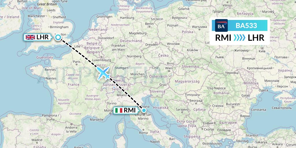 BA533 British Airways Flight Map: Rimini to London