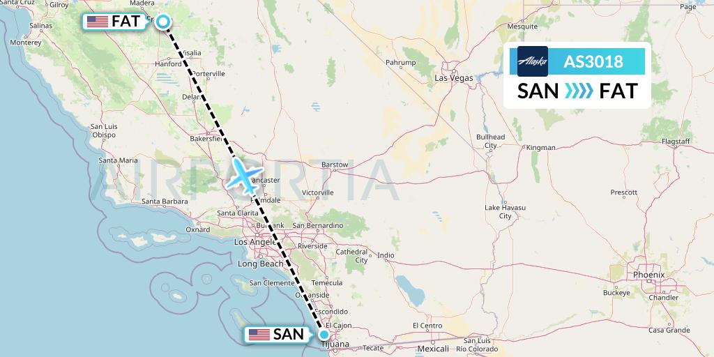 AS3018 Alaska Airlines Flight Map: San Diego to Fresno