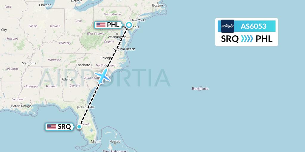 AS6053 Alaska Airlines Flight Map: Sarasota to Philadelphia