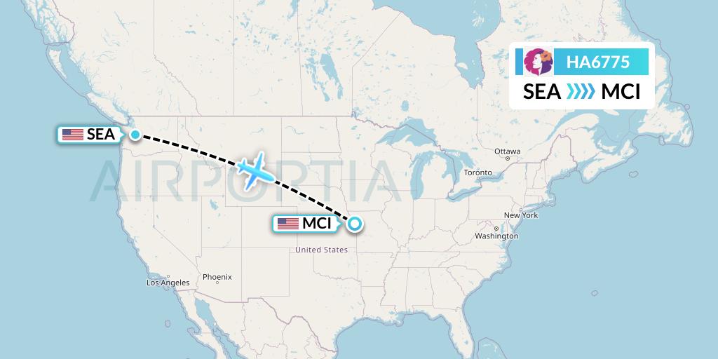 HA6775 Hawaiian Airlines Flight Map: Seattle to Kansas City