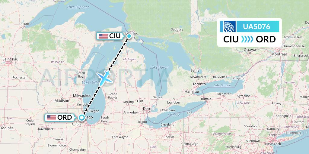 UA5076 United Airlines Flight Map: Sault Sainte Marie to Chicago