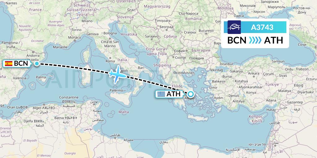 A3743 Aegean Airlines Flight Map: Barcelona to Athens