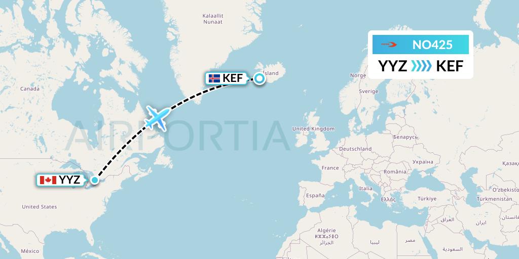 NO425 Neos Flight Map: Toronto to Reykjavik