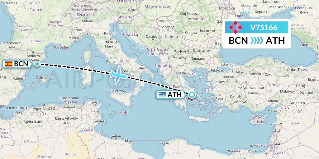 V75166 Volotea Flight Map: Barcelona to Athens
