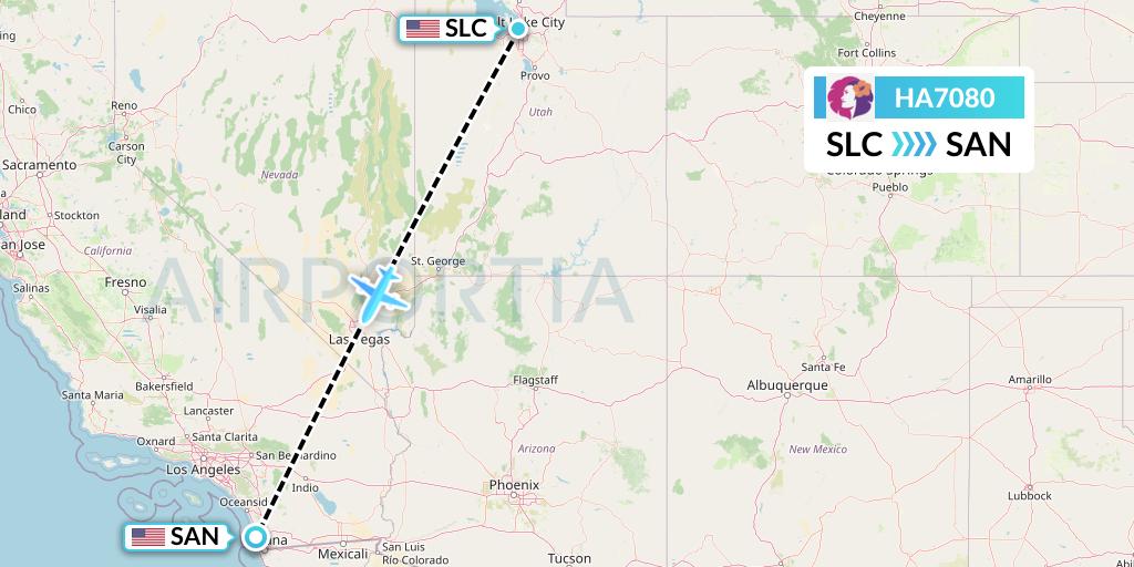 HA7080 Hawaiian Airlines Flight Map: Salt Lake City to San Diego