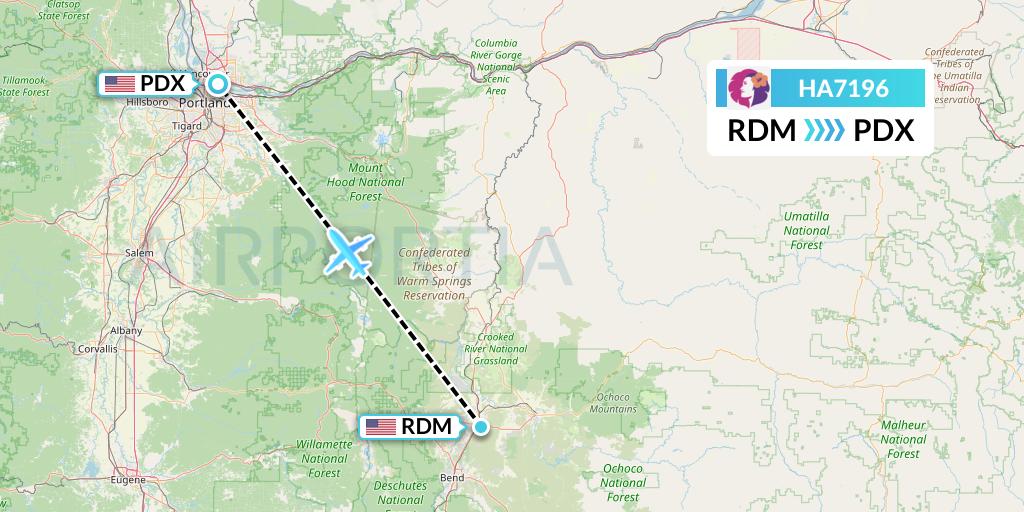 HA7196 Hawaiian Airlines Flight Map: Redmond to Portland