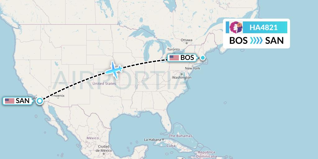 HA4821 Hawaiian Airlines Flight Map: Boston to San Diego