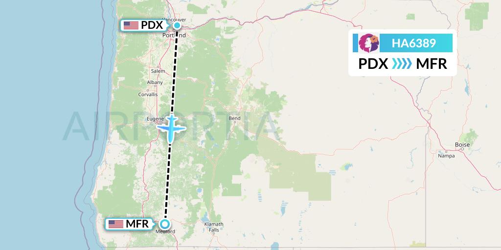 HA6389 Hawaiian Airlines Flight Map: Portland to Medford
