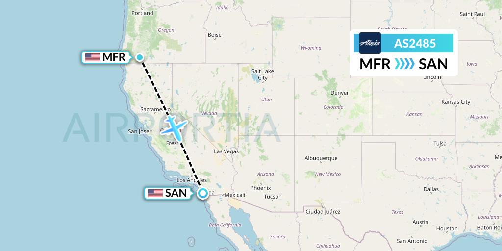 AS2485 Alaska Airlines Flight Map: Medford to San Diego