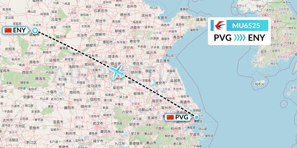 MU6525 China Eastern Airlines Flight Map: Shanghai to Yan'an