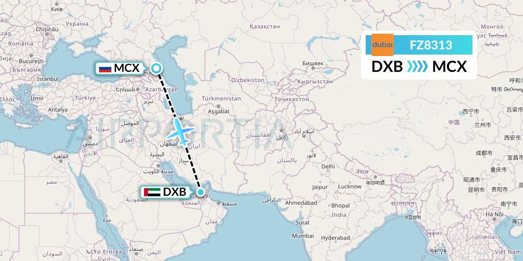 FZ8313 FlyDubai Flight Map: Dubai to Makhachkala