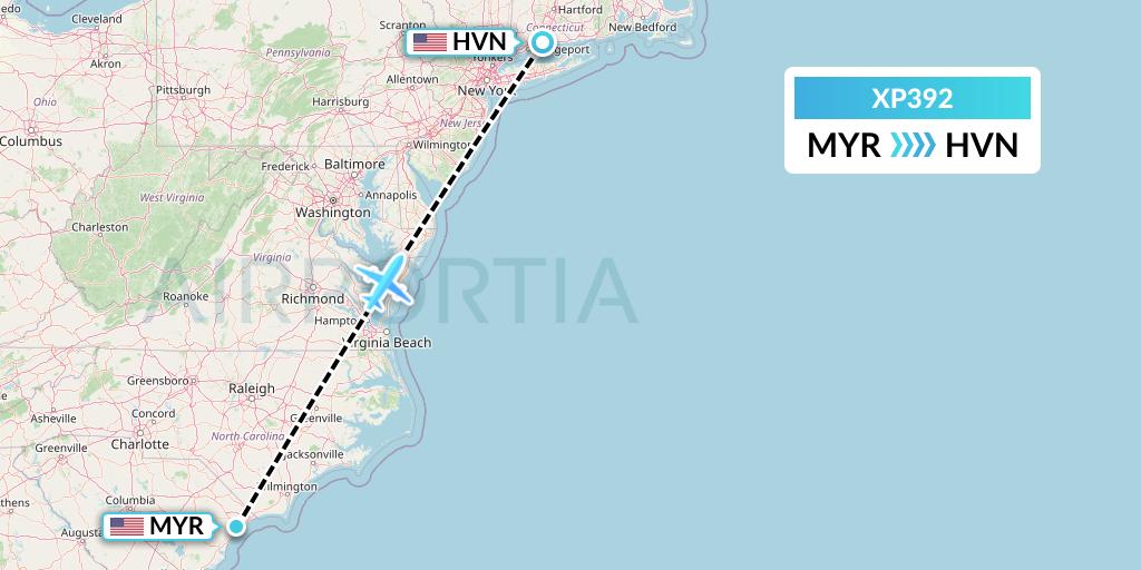 XP392 Avelo Airlines Flight Map: Myrtle Beach to New Haven