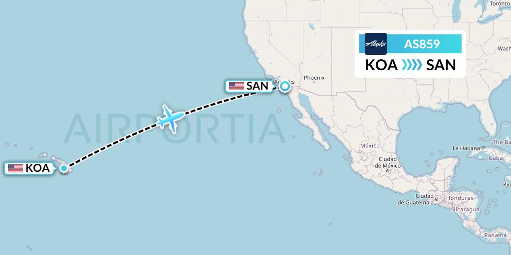 AS859 Alaska Airlines Flight Map: Kailua-Kona to San Diego