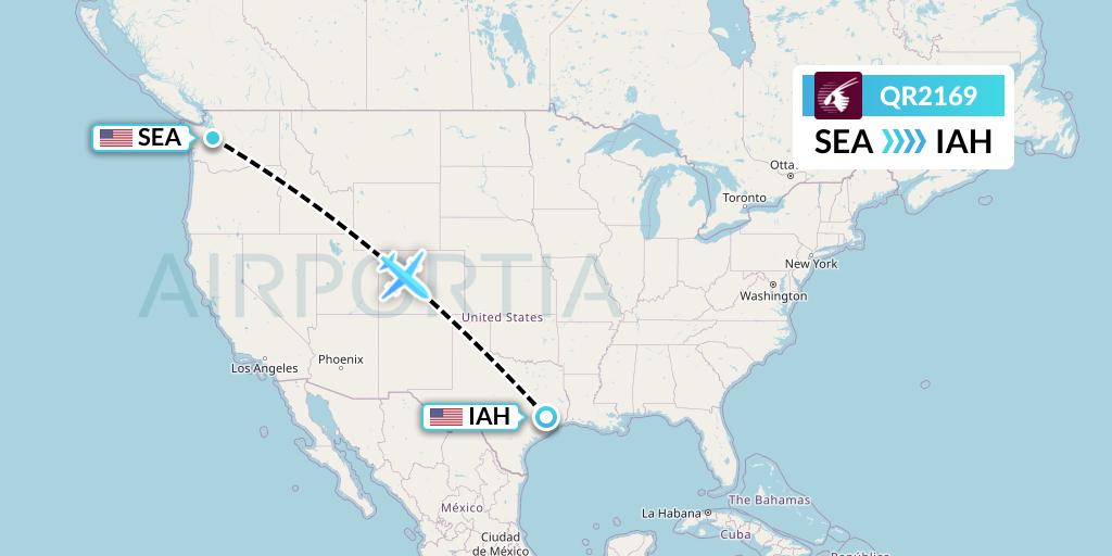 QR2169 Qatar Airways Flight Map: Seattle to Houston