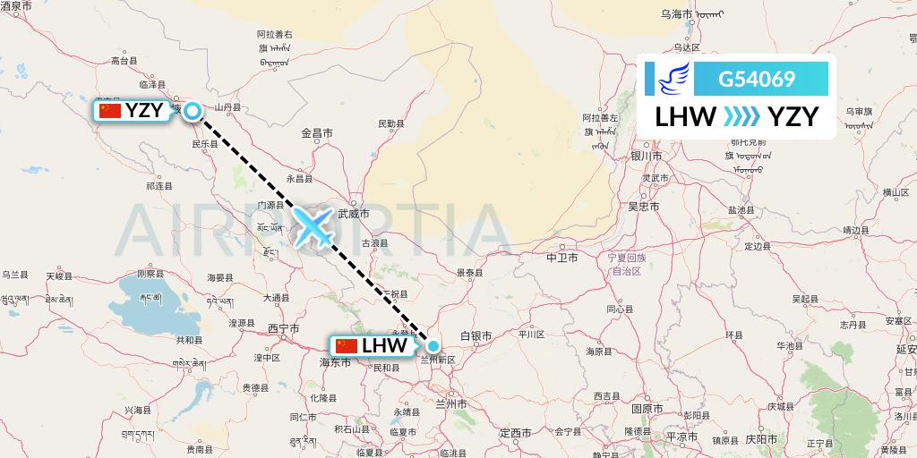 G54069 China Express Airlines Flight Map: Lanzhou to Zhangye