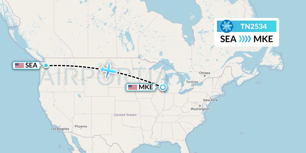 TN2534 Air Tahiti Nui Flight Map: Seattle to Milwaukee
