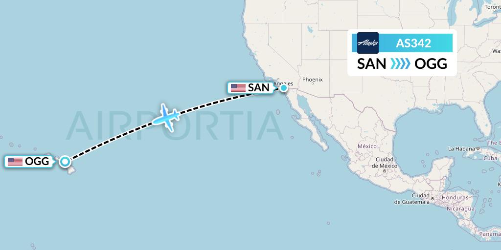 AS342 Alaska Airlines Flight Map: San Diego to Kahului