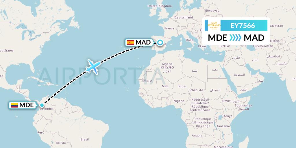 EY7566 Etihad Airways Flight Map: Medellin to Madrid