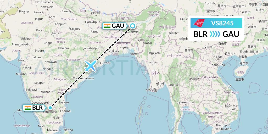 VS8245 Virgin Atlantic Airways Flight Map: Bangalore to Guwahati