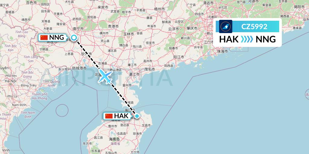 CZ5992 China Southern Airlines Flight Map: Haikou to Nanning