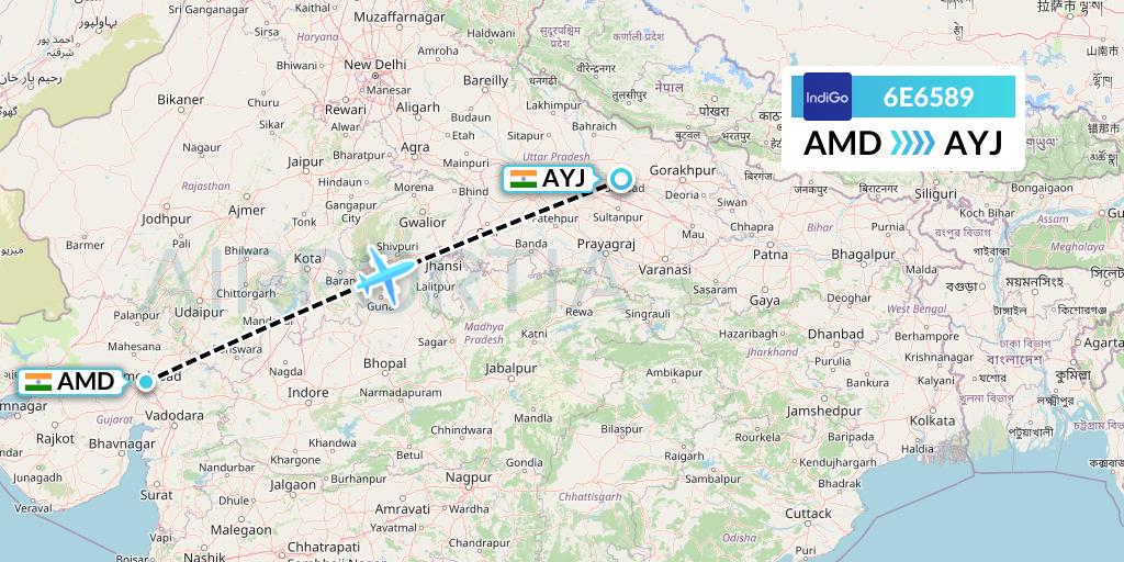 6E6589 IndiGo Airlines Flight Map: Ahmedabad to Lucknow
