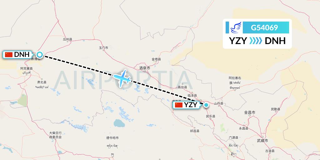 G54069 China Express Airlines Flight Map: Zhangye to Dunhuang