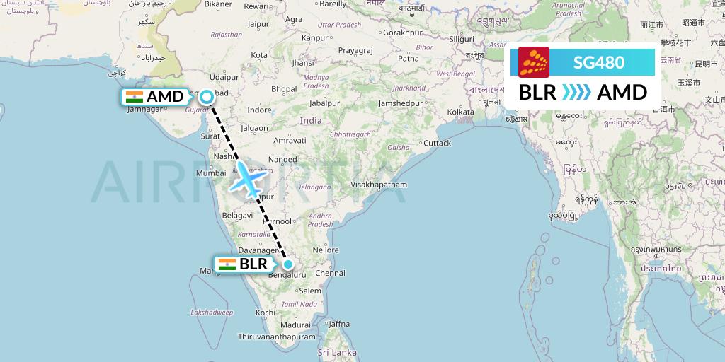 SG480 SpiceJet Flight Map: Bangalore to Ahmedabad