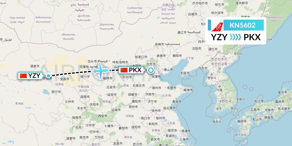 KN5602 China United Airlines Flight Map: Zhangye to Beijing