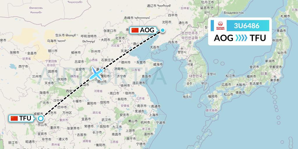 3U6486 Sichuan Airlines Flight Map: Anshan to Chengdu