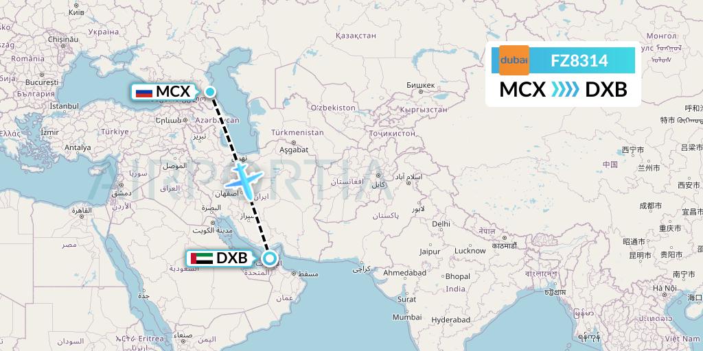 FZ8314 FlyDubai Flight Map: Makhachkala to Dubai