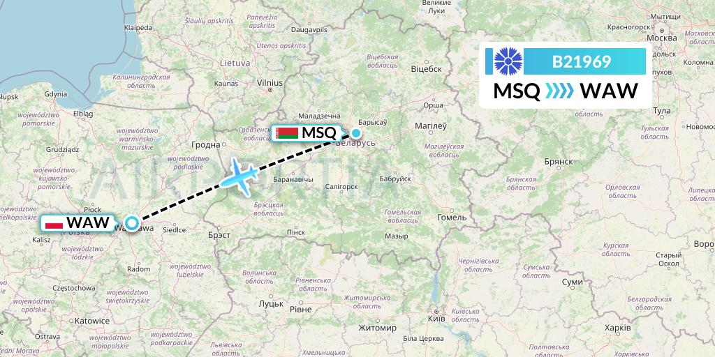 B21969 Belavia Flight Map: Minsk to Warsaw