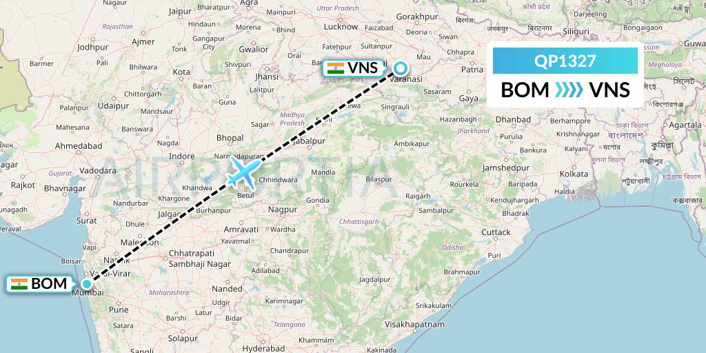 QP1327 Akasa Air Flight Map: Mumbai to Varanasi